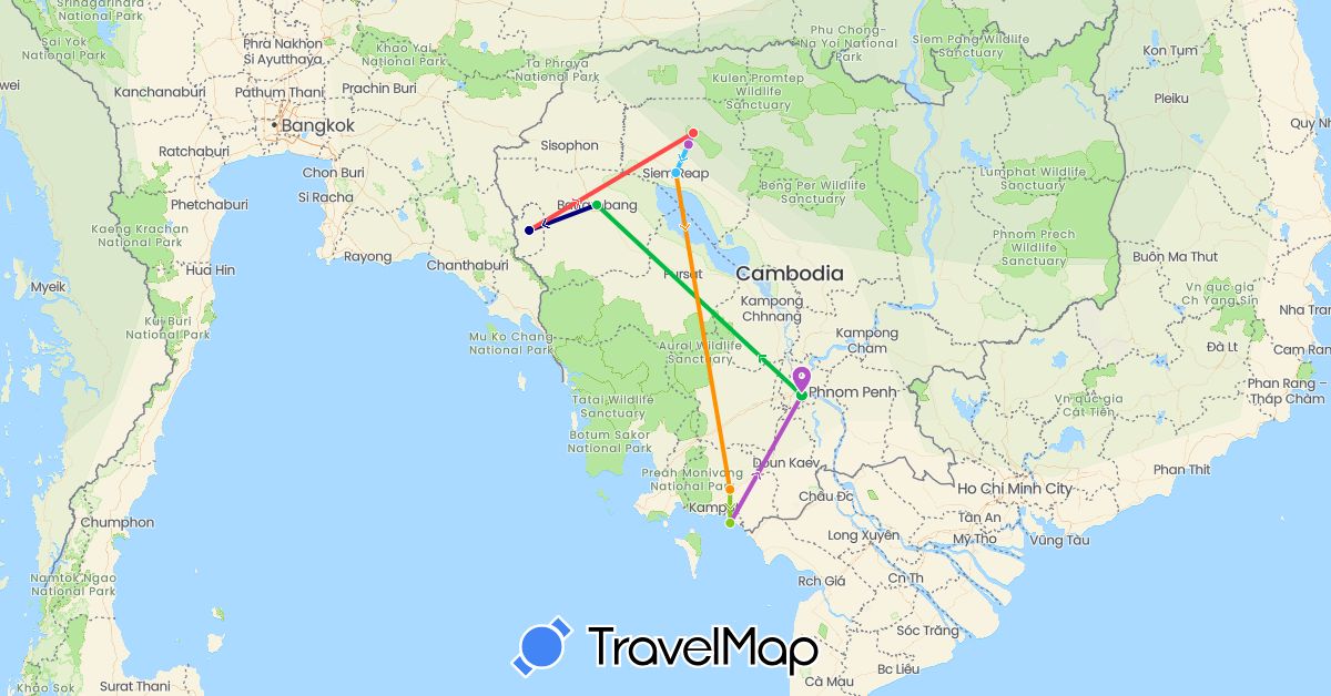 TravelMap itinerary: driving, bus, train, hiking, boat, hitchhiking, motorbike, electric vehicle in Cambodia (Asia)